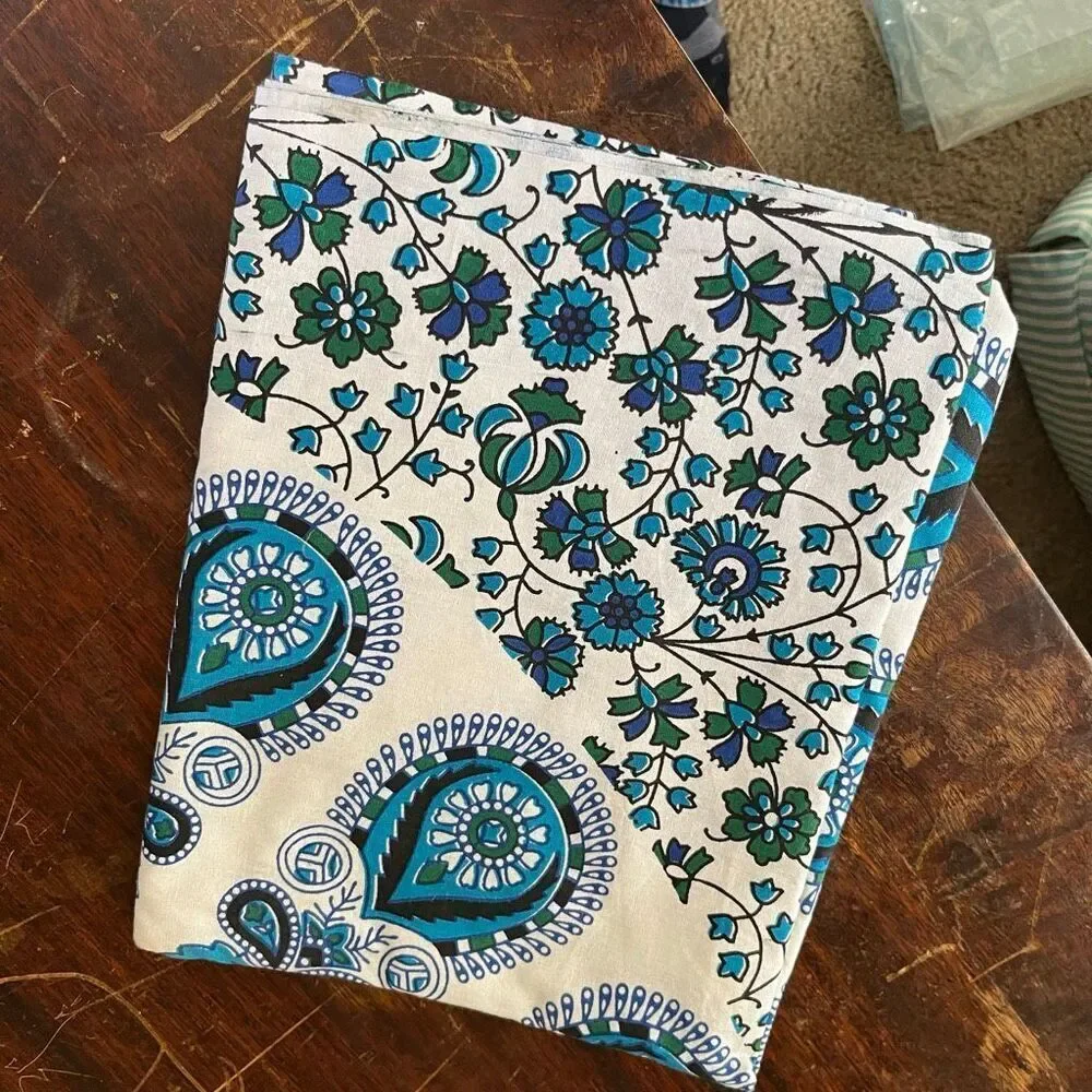 VTG Blue Green Mandala Cotton Tablecloth 82x53 Boho Maximalist Floral NWOT